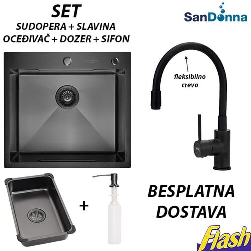  Crna INOX Sudopera sa fleksibilnom slavinom (SET) - SanDonna - HD5550R Cene
