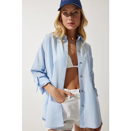 Happiness İstanbul Women's Sky Blue Pocket Poplin Boyfriend Shirt