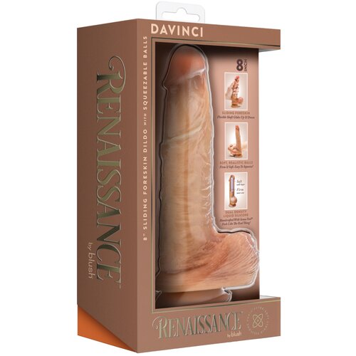 Blush Renaissance Davinci 8 Inch Sliding Foreskin Dildo with Squeezable Balls Tan Cene