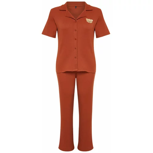Trendyol Curve Cinnamon Embroidery Ribbed Knitted Pajamas Set