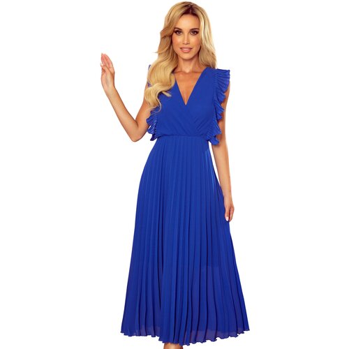 Numoco Pleated dress with ruffles and a neckline Cene