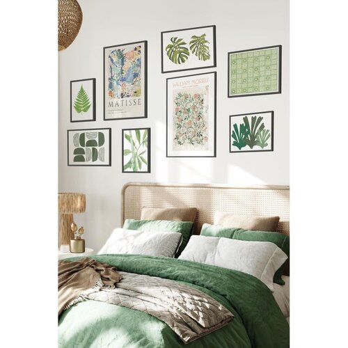 Wallxpert set od 8 uramljenih slika Çgs-036, zeleni botanički motivi – listovi paprati i monstere, matisse i william morris šare, crni ram Cene