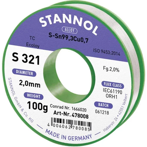 Stannol S321 2\,0% 2\,0MM SN99\,3CU0\,7 CD 100G spajkalna žica\, neosvinčena neosvinčeni\, tuljava Sn99\,3Cu0\,7 ORH1 100 g 2 mm, (20395353) Stannol S321 2\,0% 2\,0MM SN99\,3CU0\,7 CD 100G spajkalna žica\, neosvinčena neosvinčeni\, tuljava Sn99\,3Cu0\,7 ORH1 100 g 2 mm, (20395353)