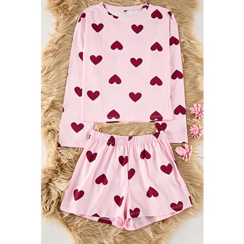 Trendyol Pink 100% Cotton Heart Jersey Knitted Pajama Set Cene