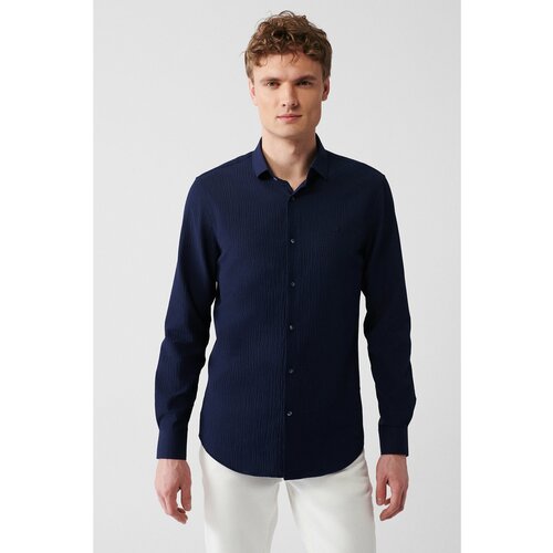 Avva Men's Blue Classic Collar Embossed Cotton Slim Fit Slim Fit Shirt Slike