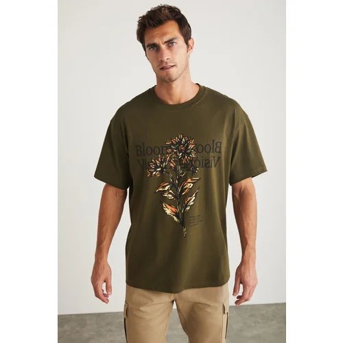 Grimelange Sneill Men's Crew Neck 100% Cotton Printed Khaki T-shir