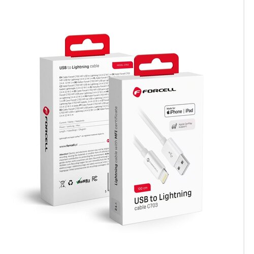 forcell kabel USB A na Lightning 8-pinski MFi 2.4A/5V 12W C703 1m bel Cene