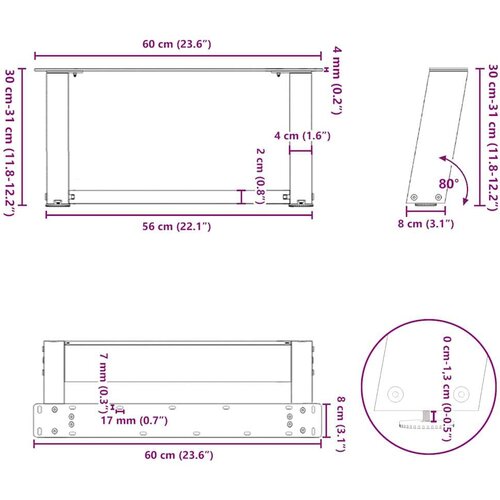  Noge za stolić U-oblika 2 kom bijele 60x(30-31) cm čelik Slike