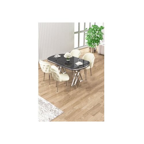 Hanah home Set trpezarijskog stola i stolica (5 delova) Zae Black Marble Chrome Cream Cene