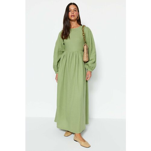 Trendyol Khaki Belted Comfort Fit Lined Muslin 100% Cotton Woven Dress Slike