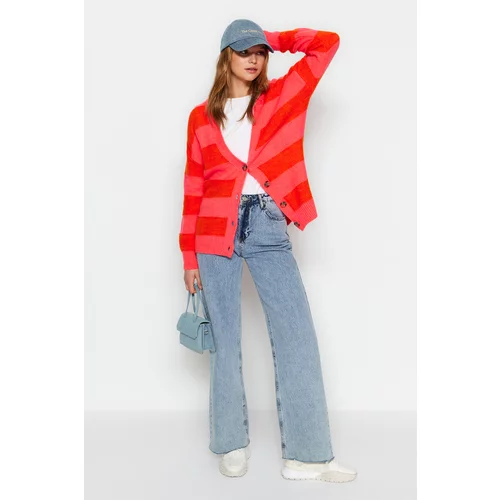 Trendyol Red Color Block Soft Textured Knitwear Cardigan