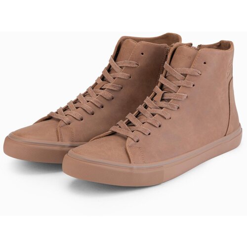 Ombre Men's high-top sneakers with matte texture and embossed logo - light brown Cene