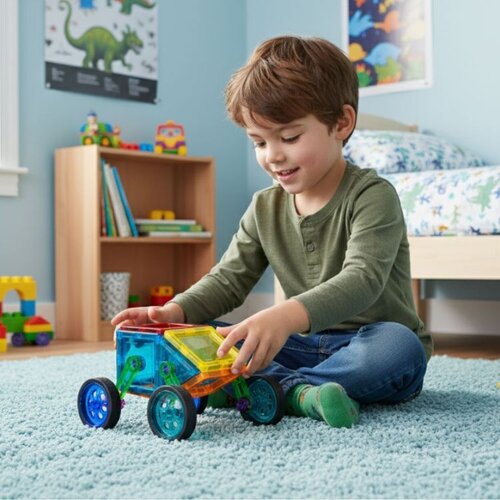 ECO TOYS set magnetnih kocki za decu &amp;ndash; kuća i auto, 48 delova Slike