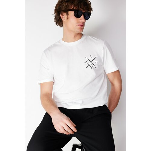 Trendyol Ecru Men's Regular Cut Logo Printed 100% Cotton Short Sleeve T-Shirt Slike