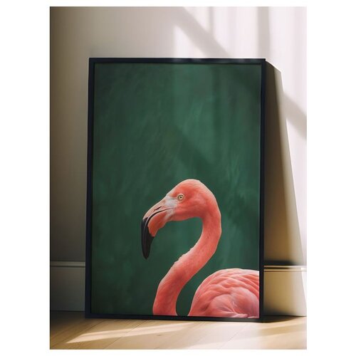 Wallxpert uramljena slika 115198, glava ružičastog flaminga na tamnozelenoj pozadini, 50 x 70 cm, crni ram Slike