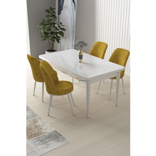 Hanah home Nil - White, Mustard WhiteMustard Dining Table & Chairs Set (5 Pieces) Cene