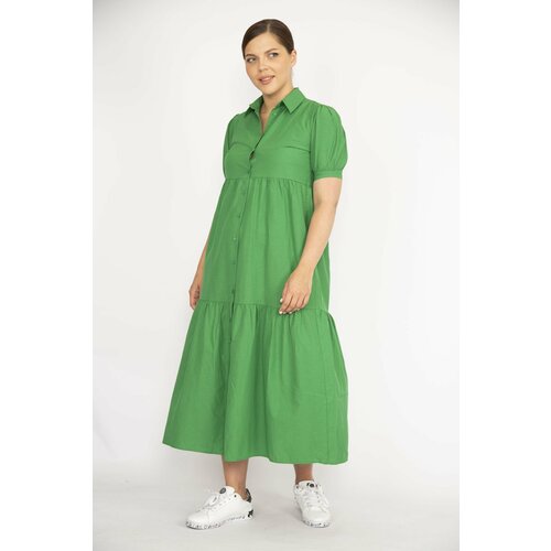 Şans Women's Plus Size Green Poplin Fabric Front Length Buttoned Dress Slike