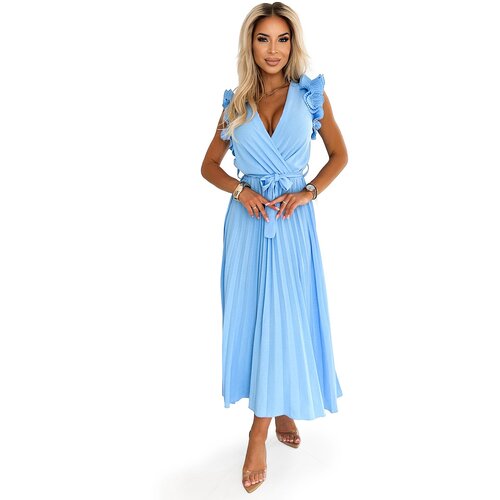 Numoco Pleated midi dress with a neckline and delicate ruffles Slike