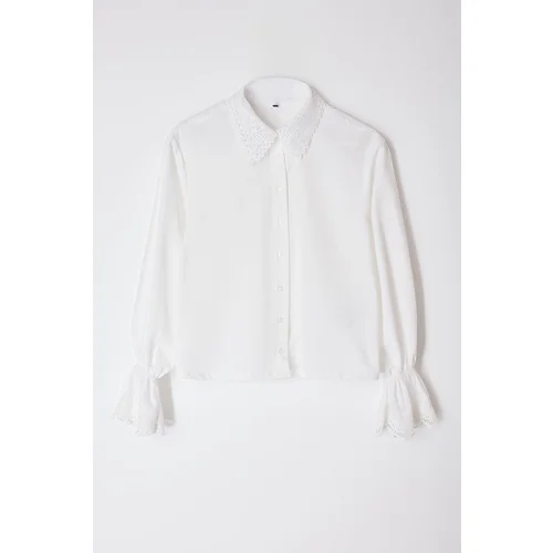 Trendyol Ecru Regular Fit Woven Shirt with Lace Detail on Sleeves and Collar