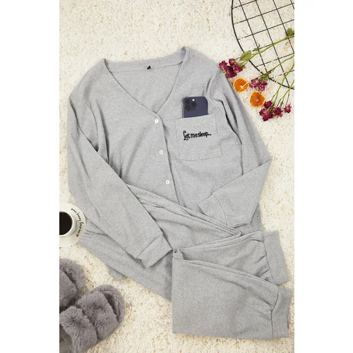 Trendyol Curve Gray Corded Embroidered Knitted Pajama Set