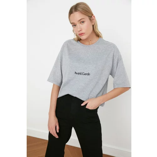 Trendyol Gray Embroidered Loose Knitted T-Shirt