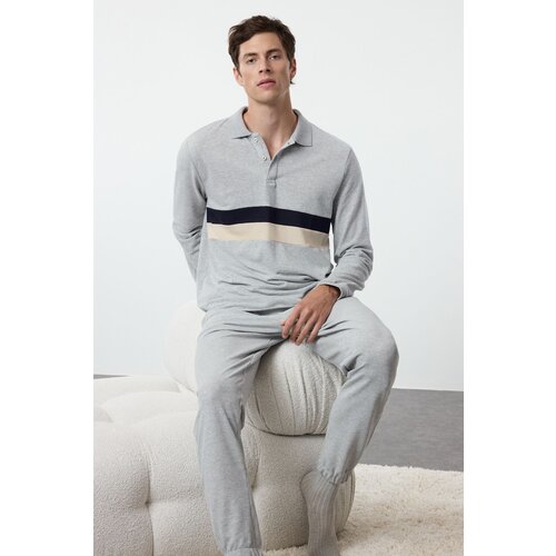 Trendyol men's Gray Paneled Regular Fit Pique Fabric Knitted Pajama Set Slike