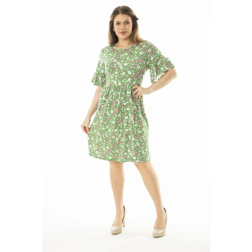 Şans Women's Plus Size Green Flounce Sleeves Gathered Waist Floral Patterned Dress Cene