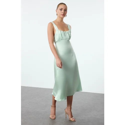 Trendyol Mint Chest Detail Satin Strappy Midi Woven Dress