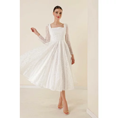 By Saygı Square Collar Lined Glittery Flocked Printed Dress Ecru