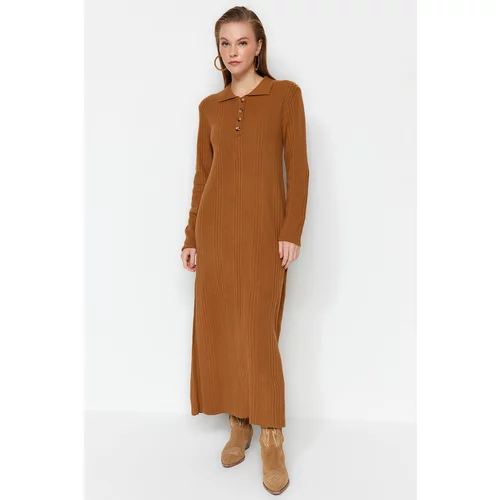 Trendyol Camel Polo Neck Comfort Fit Rib Knitwear Dress