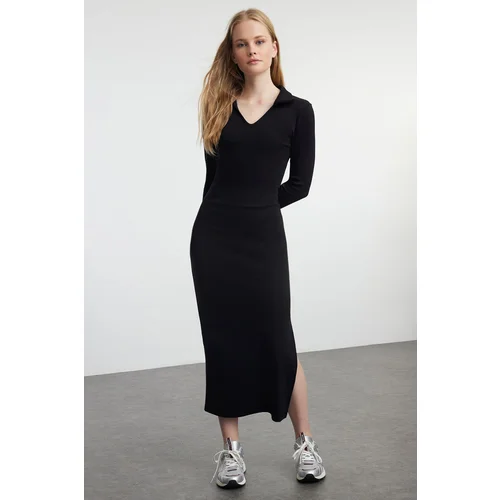 Trendyol Black Plain Midi Polo Neck Bodycone/Fits Midi Knit Dress