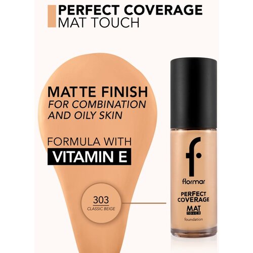 Flormar Perfect Coverage Mat Touch Foundation matirajoči tekoči puder za me&amp;scaron;ano do mastno kožo odtenek 303 Classic Beige 30 ml Slike