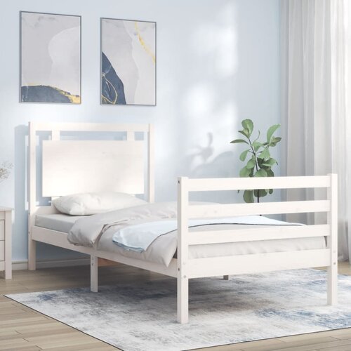 The Living Store Posteljni okvir z vzglavjem bel 100x200 cm trden les - Posteljni Okvir, (21529387) Slike
