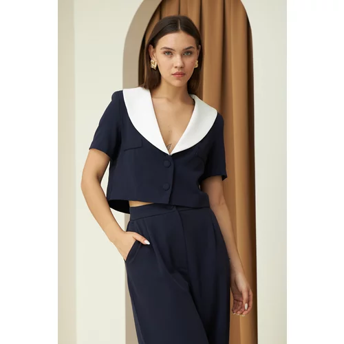 Laluvia Navy Blue Collar Button Detailed Trouser Suit