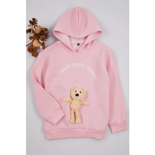 Trendyol Pink Girl's Teddy Bear Hooded Knitted Sweatshirt