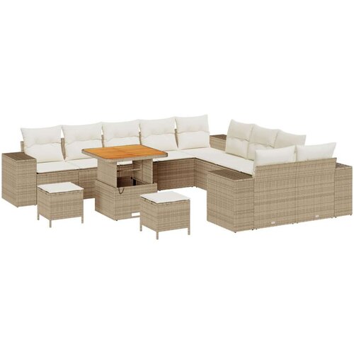  13-dijelni vrtni sofa set s jastučićima bež poli ratan akacija  Vrtna garnitura - 3-dijelni vrtni blagovaonski set s jastučićima Cijene
