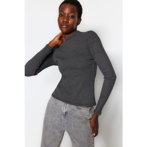 Trendyol Dark Anthracite Fitted/Situated Collar Long Sleeve Ribbed Stretch Knit Blouse Slike