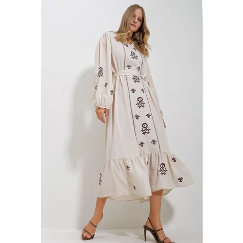 Trend Alaçatı Stili Women's Beige Slit Neck Belted Embroidered Inner Lined Length Dress