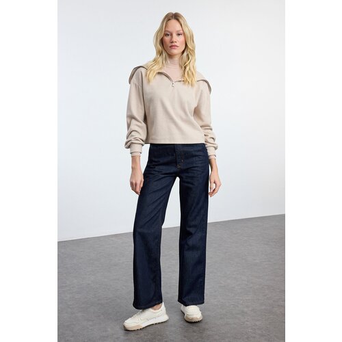 Trendyol Dark Blue Iron-On High Waist Straight Jeans Cene