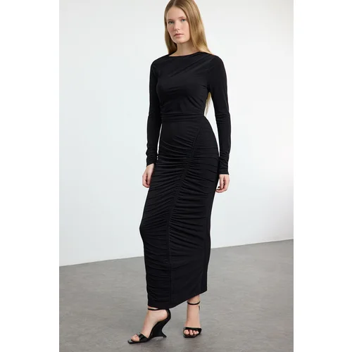  Black Midi Gathered/Draped Detailed Fitted Stretch Knit Dress