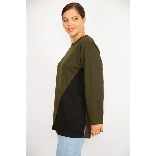 Şans Women's Plus Size Khaki Color Combined Long Sleeve Tunic