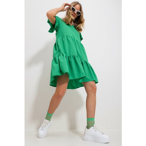 Trend Alaçatı Stili Women's Green V-Neck Tiered Flounce Woven Dress Cene
