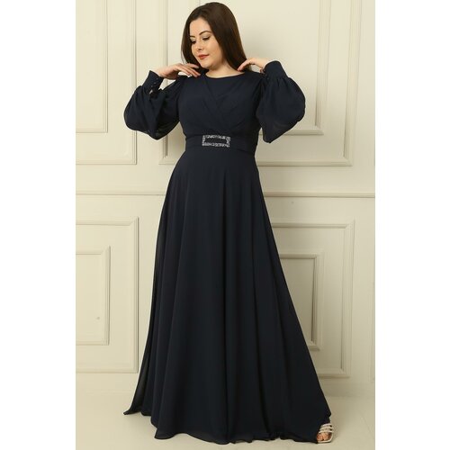 By Saygı Double Breasted Collar Waist Belt Lined Plus Size Long Hijab Dress Slike