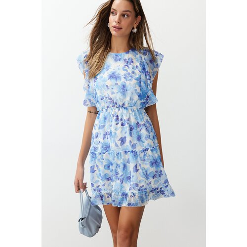 Trendyol Blue Floral Waist Opening Ruffle Mini Woven Dress Cene