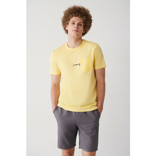 Avva Men's Yellow 100% Cotton Crew Neck Pocket Printed Standard Fit Regular Fit T-shirt Cene