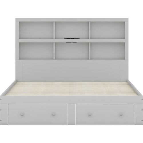 Lumor Postelja 160x200 cm iz masivnega lesa z predali in vzglavjem za shranjevanje &amp;ndash; z letvenim dnom &amp;ndash; siva, (22151551) Slike