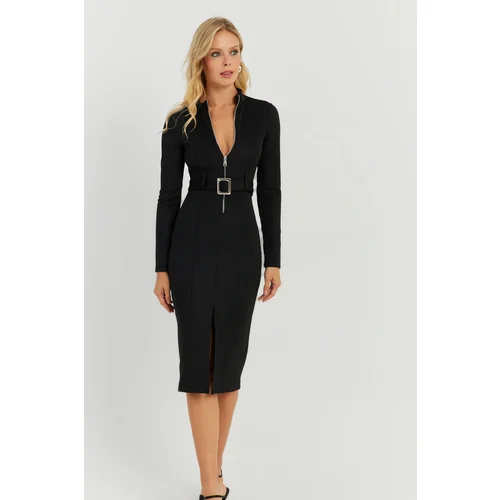 Cool & Sexy Women's Black Belted Scuba Midi Dress