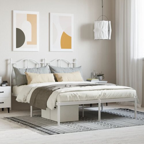 VidaXL Kovinski posteljni okvir z vzglavjem bel 135x190 cm Slike