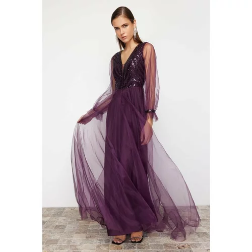 Trendyol Purple Sequin Sequin Detailed Tulle Long Evening Dress