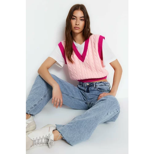 Trendyol Pink Crop V-Neck Knitwear Sweater
